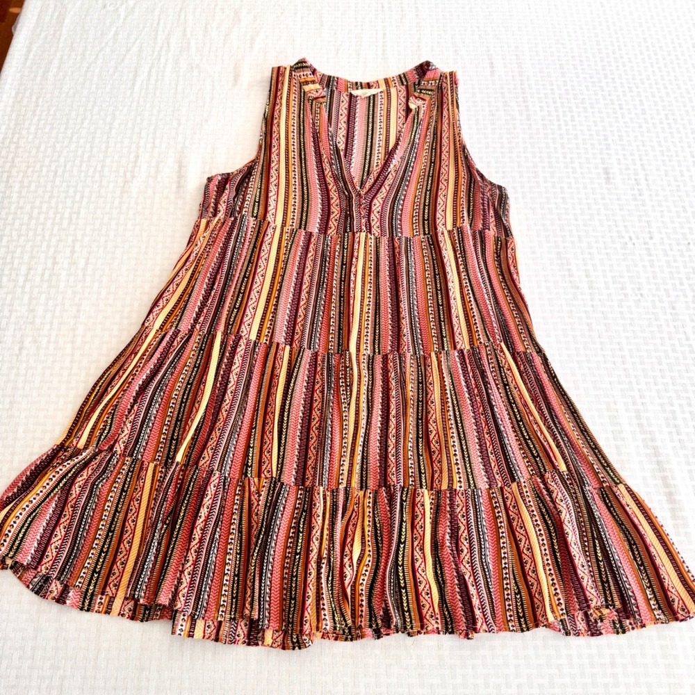 Easel Tribal Print Tiered Boho Mini Dress Small Rust Mustard Geometric Striped